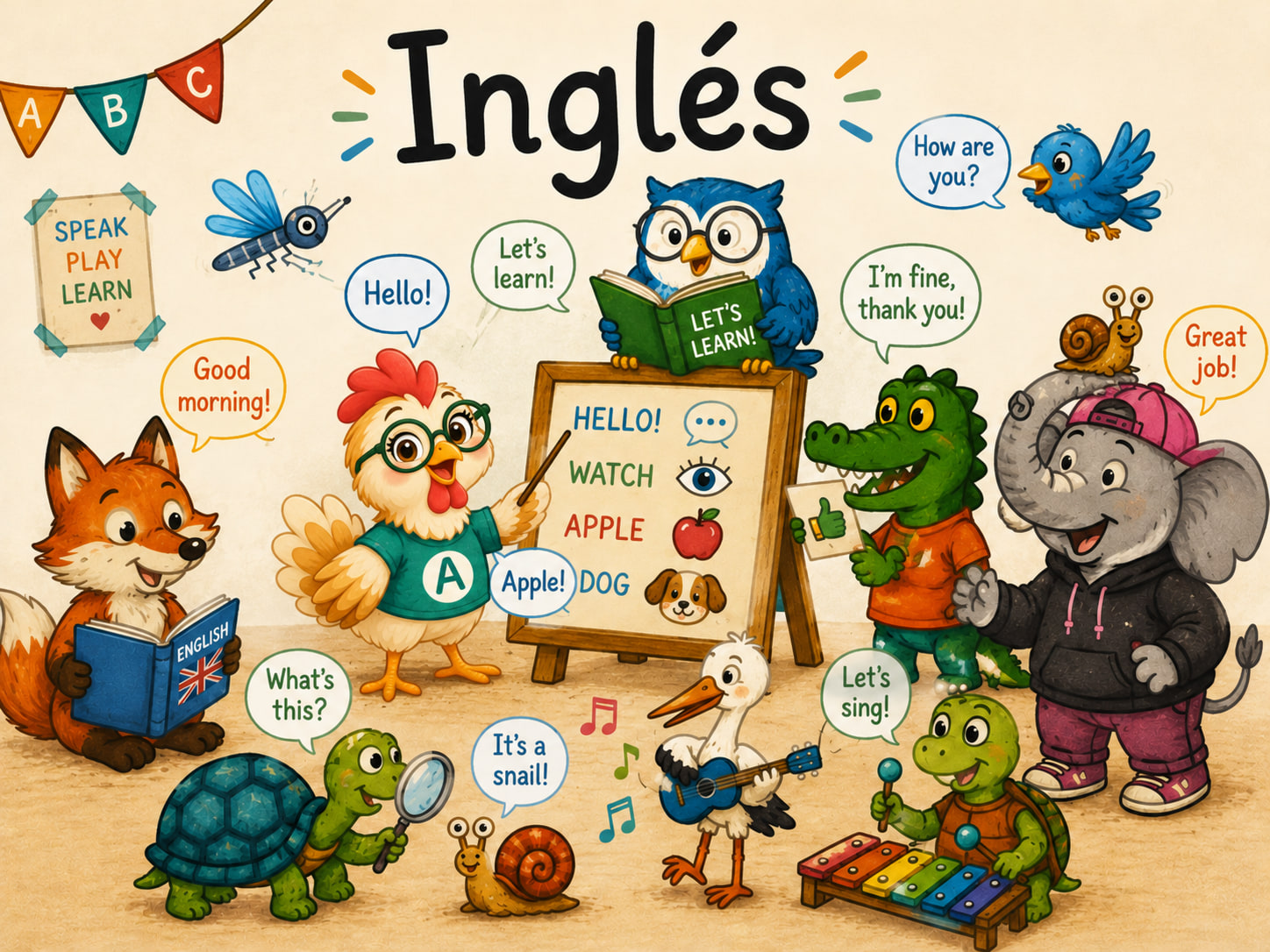 Libros, lapis e letras para aprender inglés