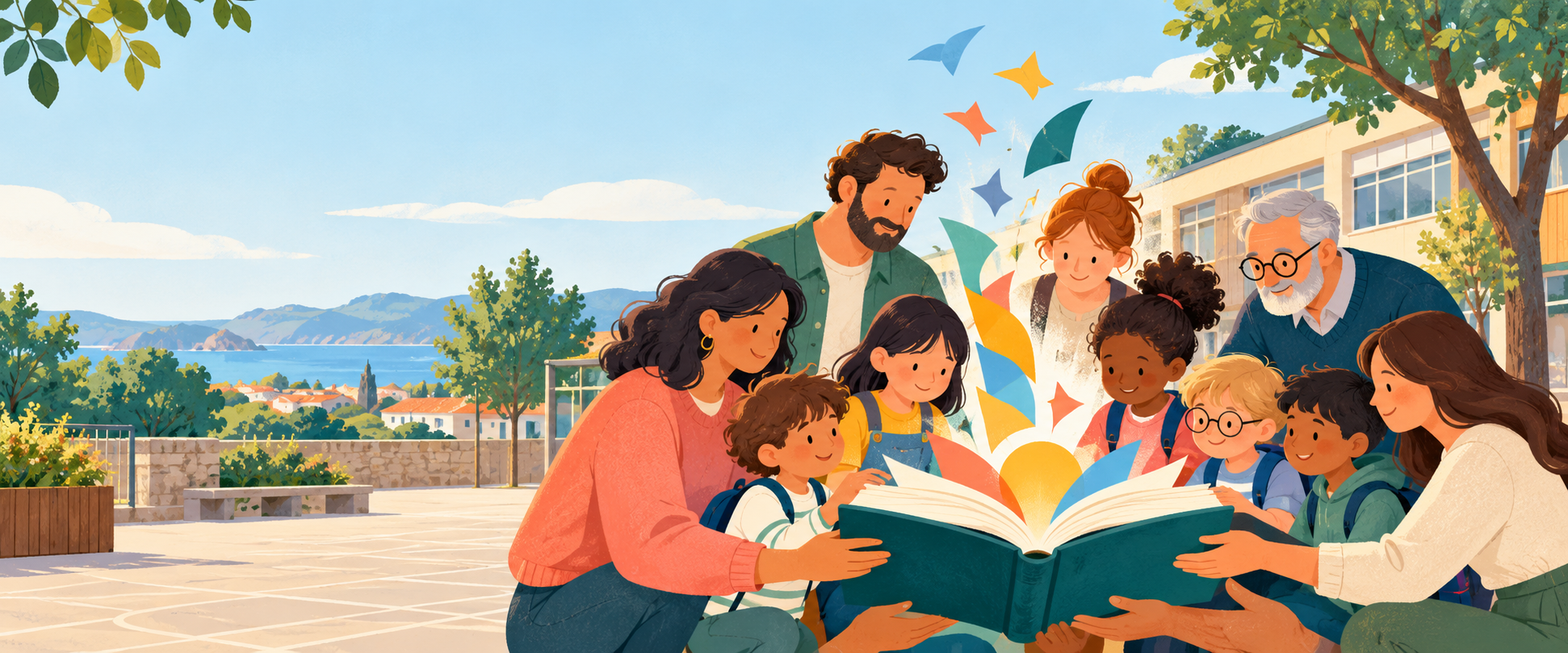 Familias e alumnado creando comunidade arredor dun libro aberto